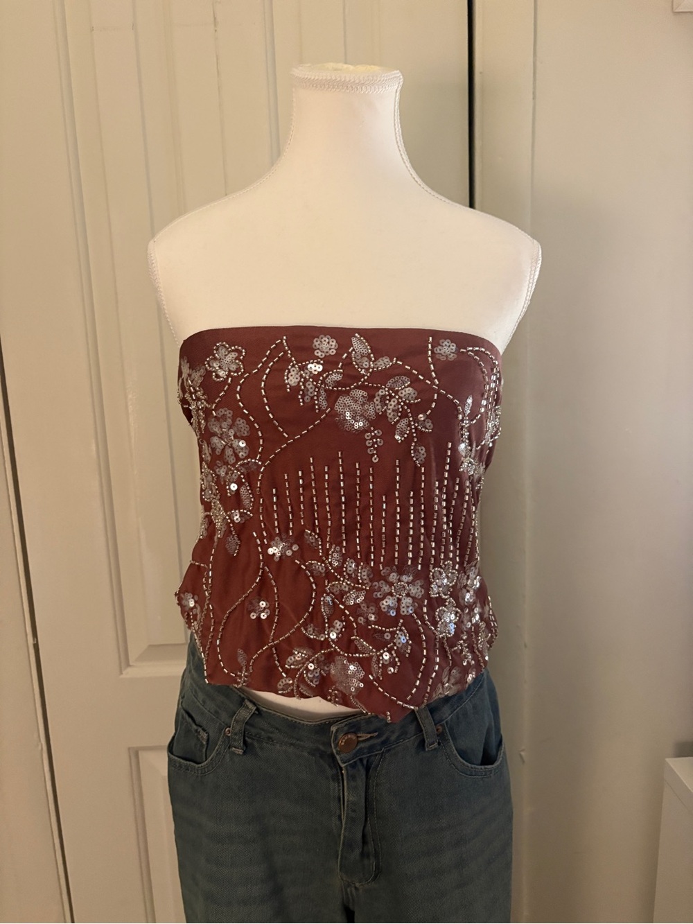 Embellished Strapless Beaded Tube Top - Rust